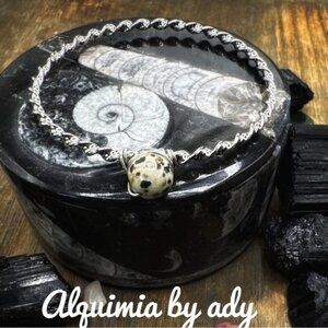 Silver statement bangle with dalmatian jasper